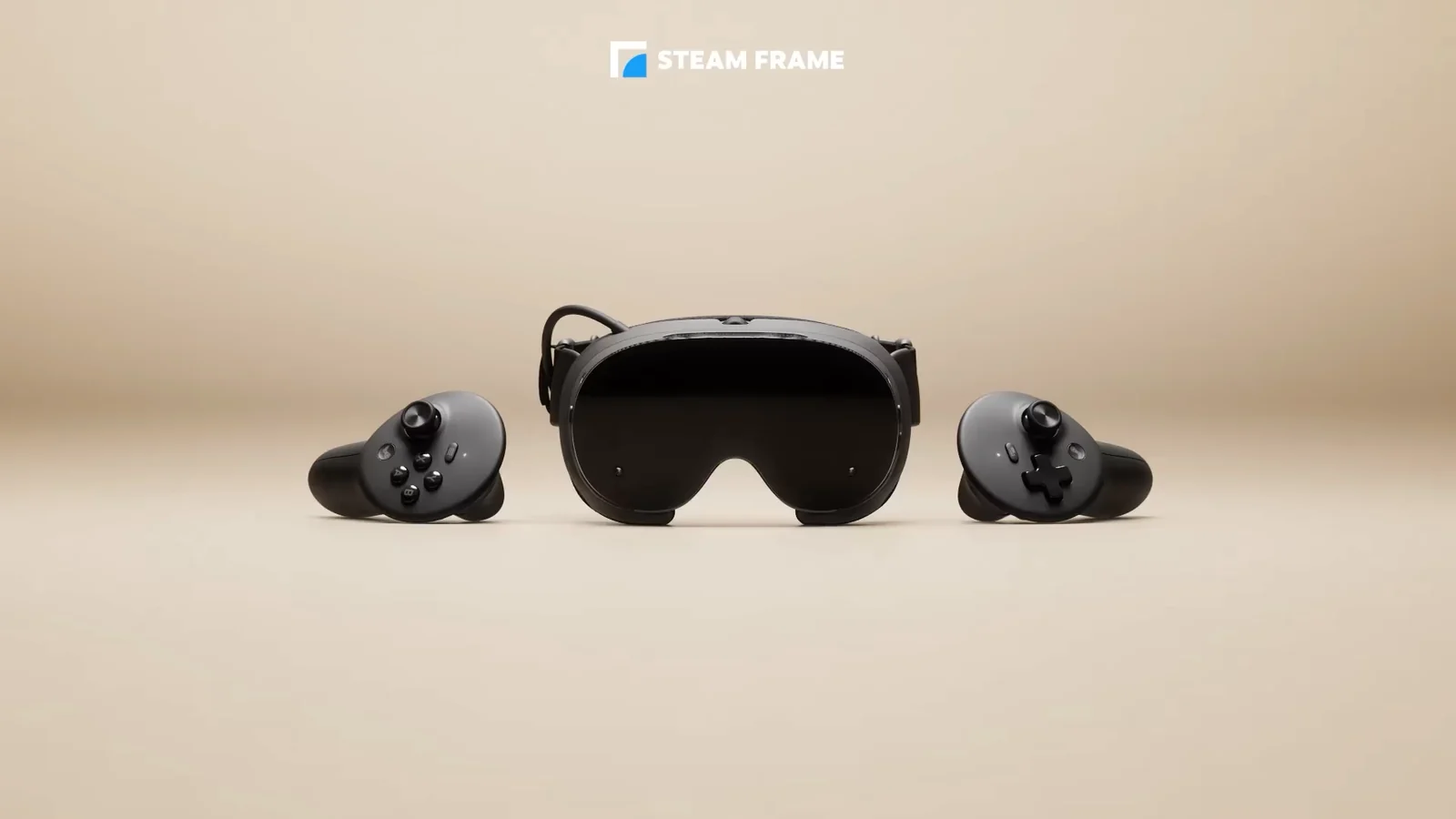 Valve Steam Frame headset shown head-on between its two controllers on a beige background, with the Steam Frame wordmark above