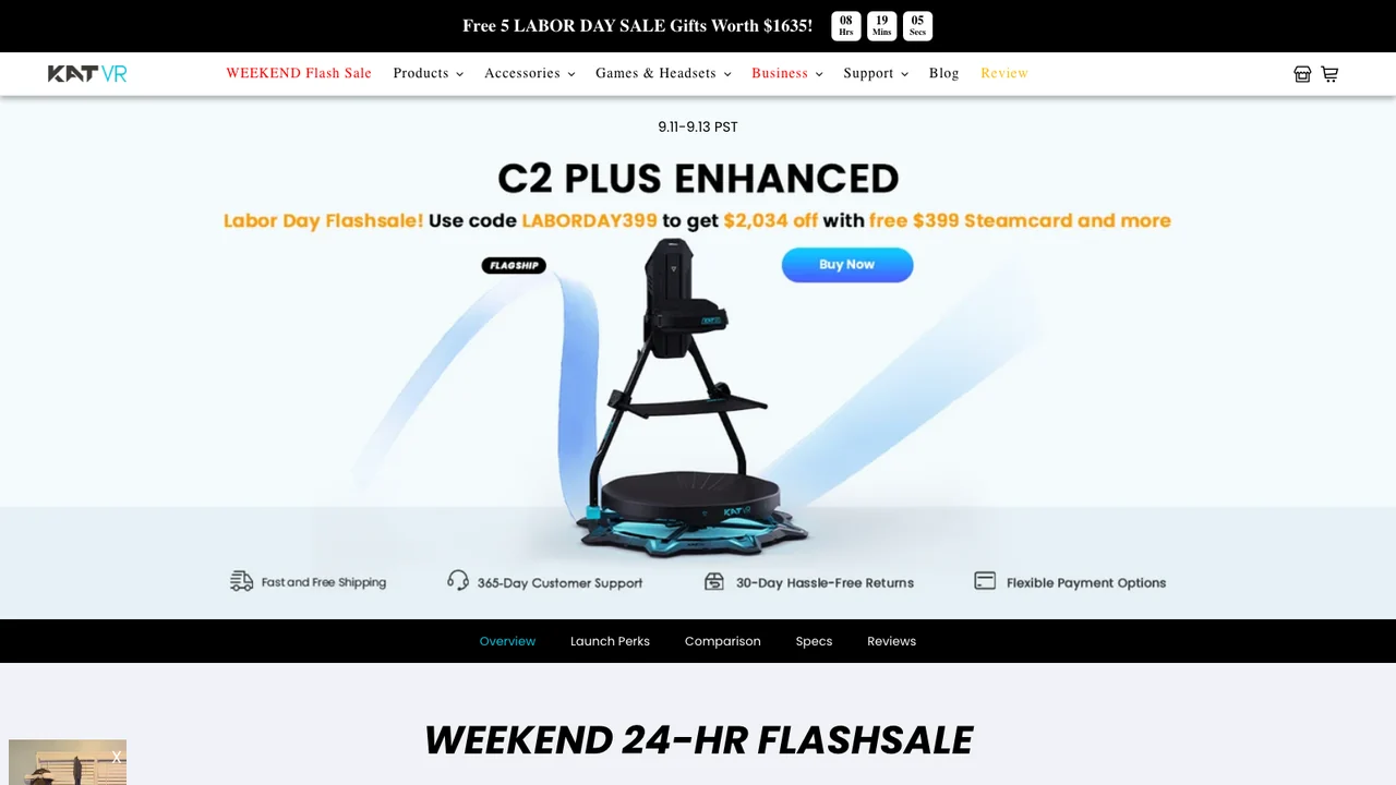 KAT VR product page for the KAT Walk C2 Plus Enhanced, showing the treadmill on its concave base beside a Labor Day flash sale banner and countdown timer