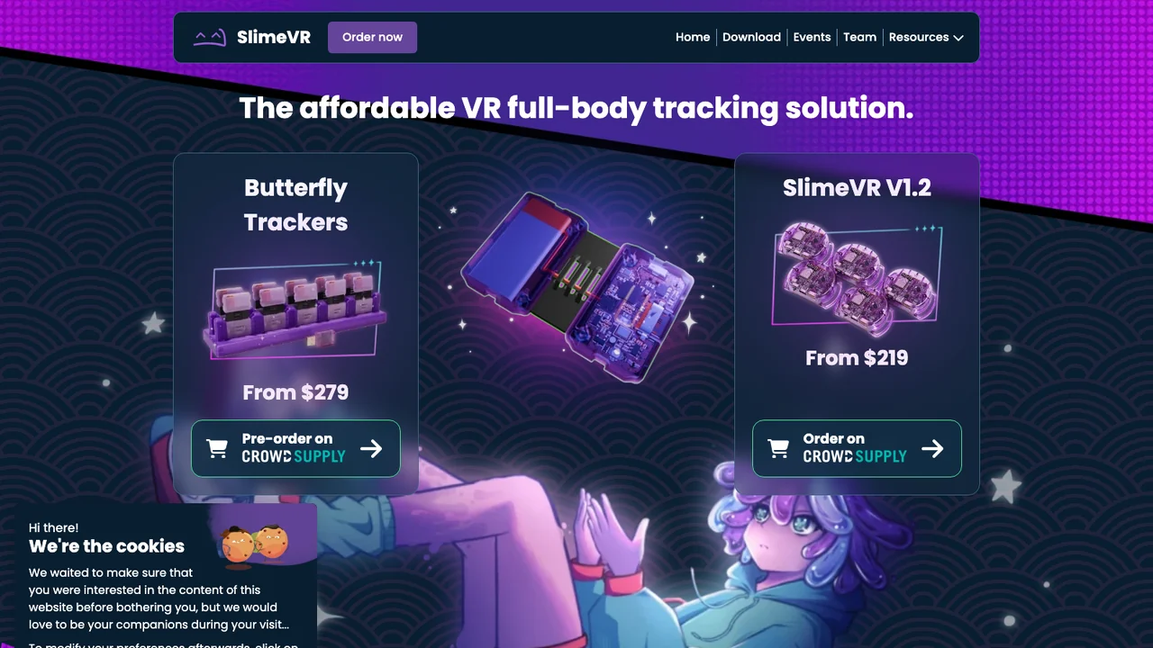 SlimeVR homepage reading The affordable VR full-body tracking solution, with Butterfly Trackers from $279 and SlimeVR V1.2 from $219