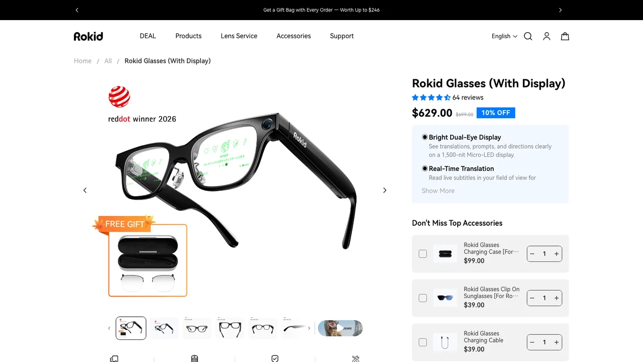 Rokid Glasses product page showing the black frame with text visible in the right lens, listed at $629.00 marked 10% off a $699.00 regular price