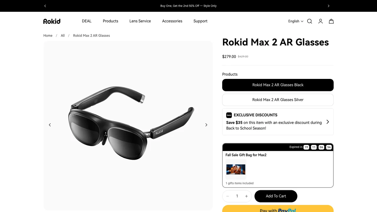 Rokid Max 2 AR Glasses product page showing the black glasses listed at $279.00 against a struck-through $429.00
