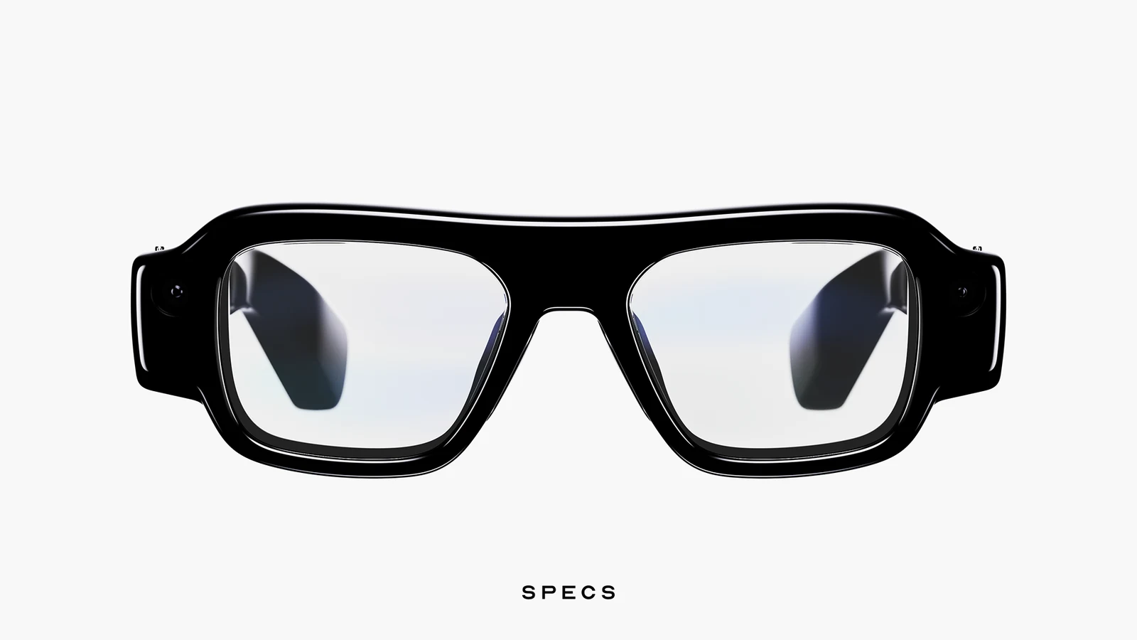 Snap SPECS augmented reality glasses photographed head-on against a white background, a thick black rectangular frame with a camera at each outer hinge and the SPECS wordmark printed below