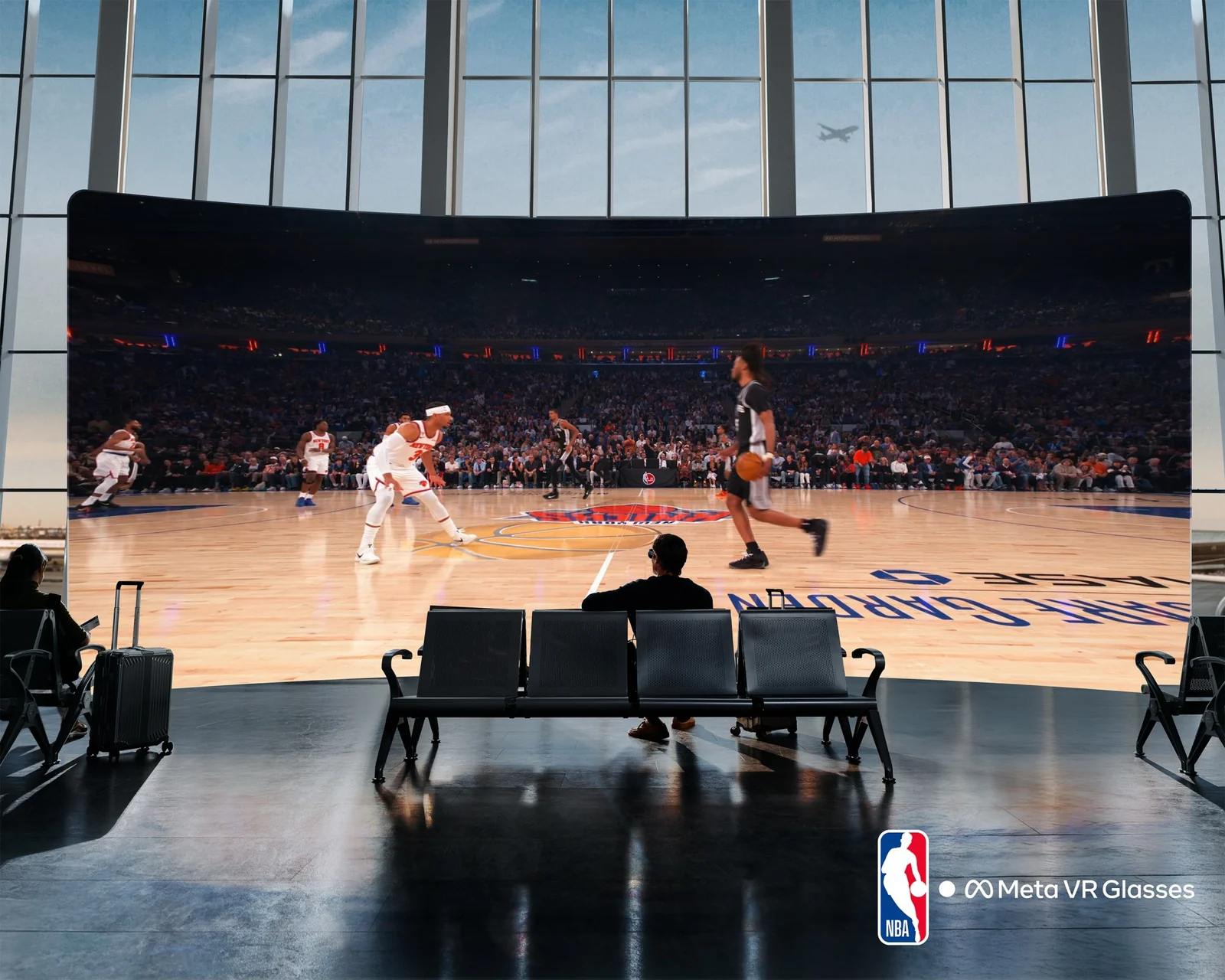 Meta illustration of the Meta VR Glasses immersive sports experience, showing an airport gate lounge in which a curved virtual screen fills the window wall with a courtside view of an NBA game, marked with the NBA logo and the words Meta VR Glasses