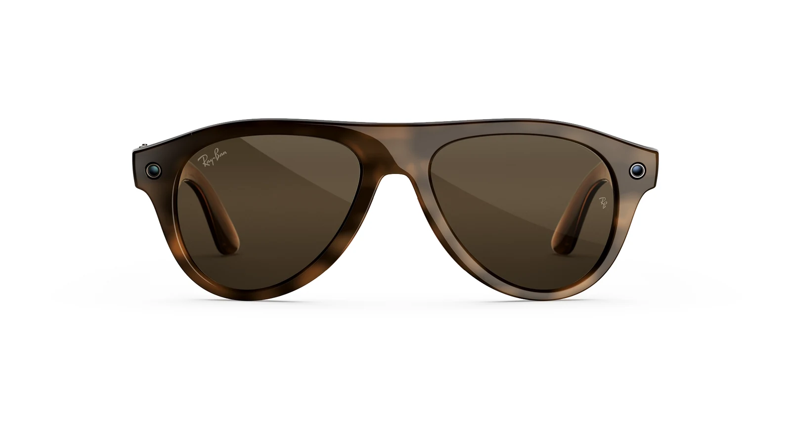Front view of Ray-Ban Meta Gen 3 Aviator glasses with a Havana tortoise frame and brown lenses on a white background, with a small camera lens at one outer corner and a capture LED at the other