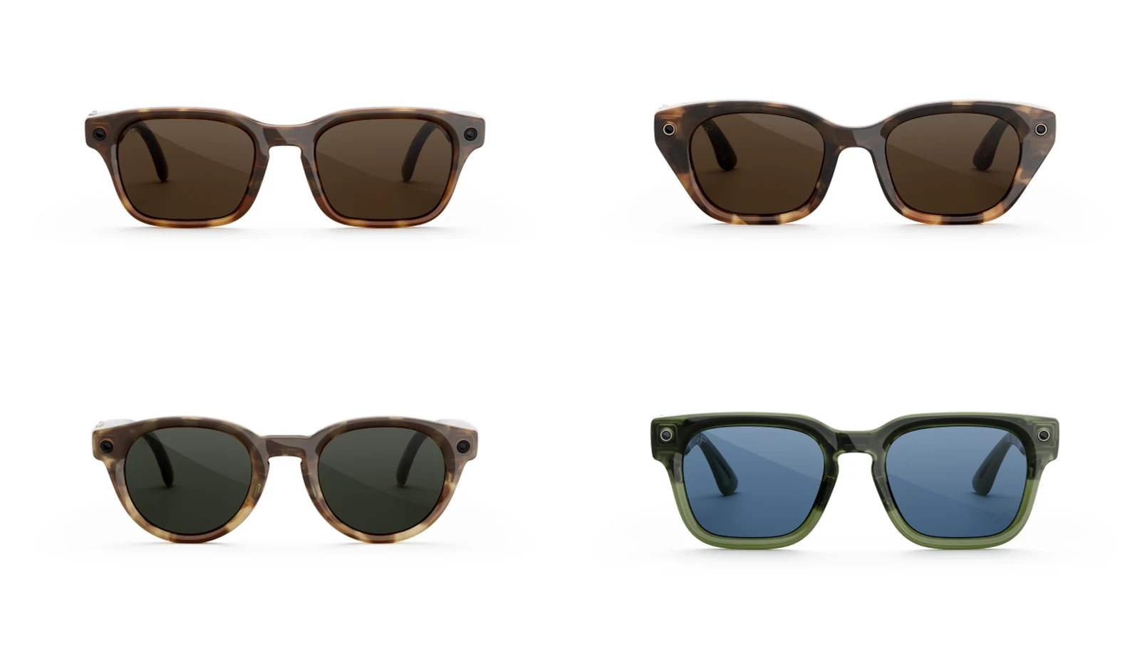 Four Meta Glasses styles photographed head on against white in a two by two grid: a squared tortoise Adventurer with brown lenses, a tortoise Capri cat-eye with brown lenses, a round tortoise Nova with green lenses and a green Fury with blue lenses, each with a camera at one outer corner and an LED at the other