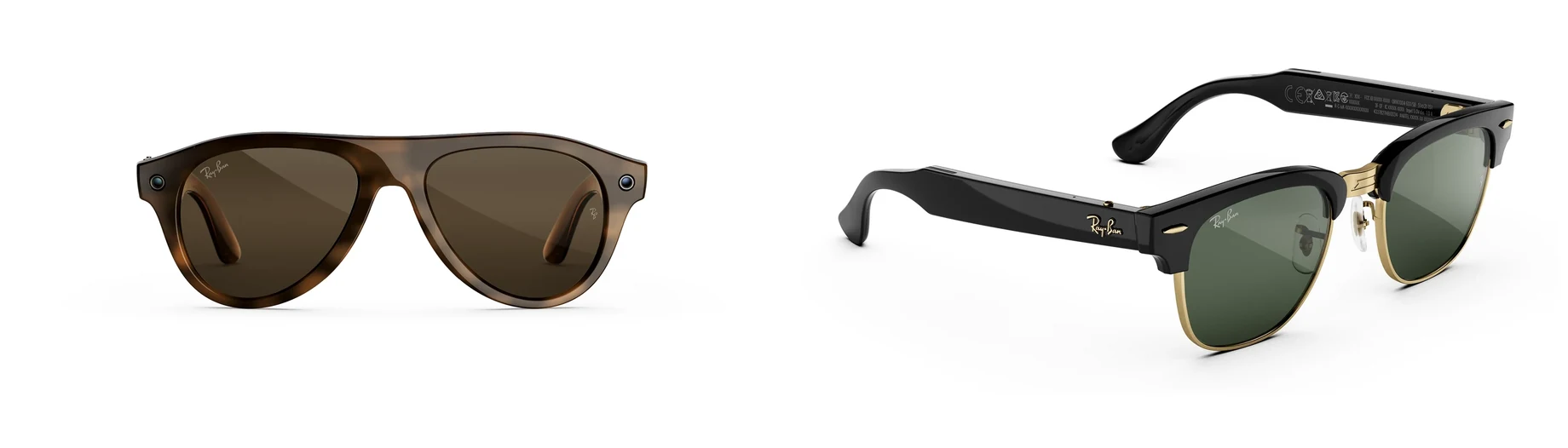 Two Meta glasses side by side on white. On the left a Ray-Ban Meta Gen 3 Aviator in tortoise with a small camera lens set into one outer corner and a capture LED in the other. On the right a Ray-Ban Meta Audio Clubmaster in black and gold with nothing in either corner.