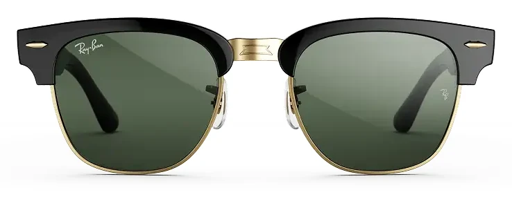 Front view of Ray-Ban Meta Audio Clubmaster glasses on white, a black browline top rim over gold wire with green lenses, and no camera or LED in either outer corner