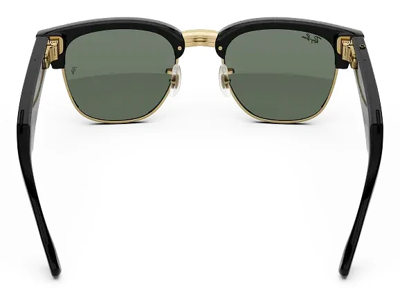 Rear view of Ray-Ban Meta Audio Clubmaster glasses on white, showing the inside faces of both temple arms where the open-ear speakers sit
