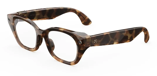 Meta Capri glasses at three quarters on white, a tortoise cat-eye frame with clear lenses, a camera in one outer corner and an LED in the other