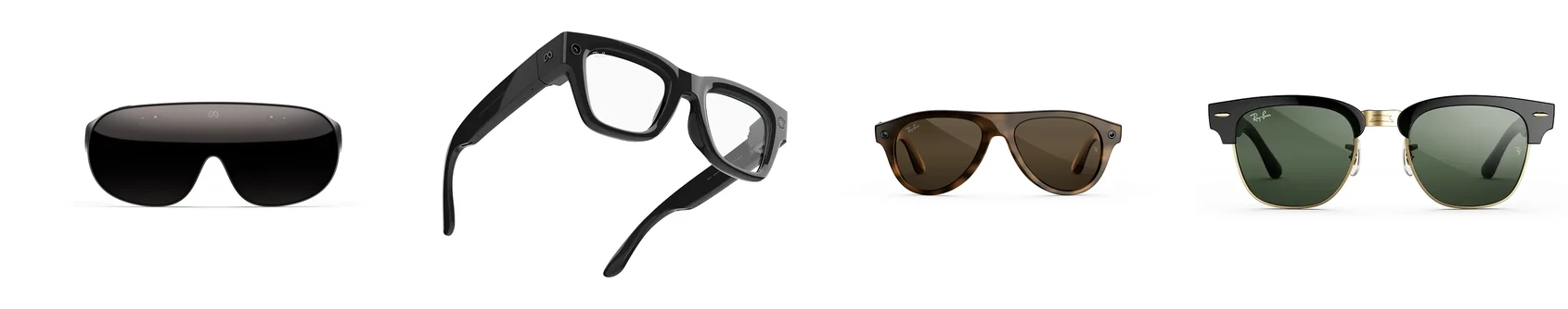 Four Meta products photographed head on against white in one row: the dark wraparound Meta VR Glasses, the thick black Meta Ray-Ban Display, a tortoise Ray-Ban Meta Gen 3 Aviator and a black and gold Ray-Ban Meta Audio Clubmaster