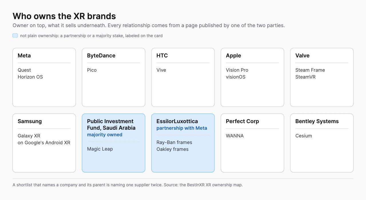 Grid of ten cards naming an owner and the XR brands it sells, with the Saudi Public Investment Fund and EssilorLuxottica cards highlighted as a majority stake and a partnership rather than plain ownership