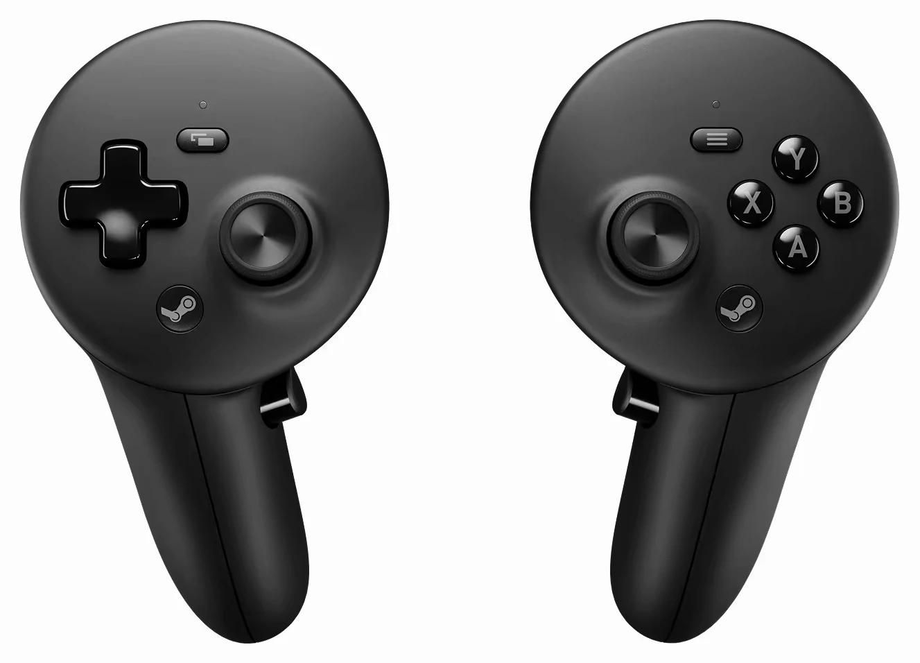 The two Steam Frame controllers on white, seen from the front, one with a directional pad and thumbstick and the other with four face buttons and a thumbstick, each on a short grip