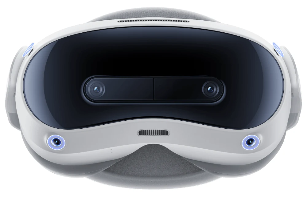 Front view of the white Pico 4 Ultra headset on a plain background, showing the two dark passthrough camera modules set into the face plate and a tracking sensor at each lower corner