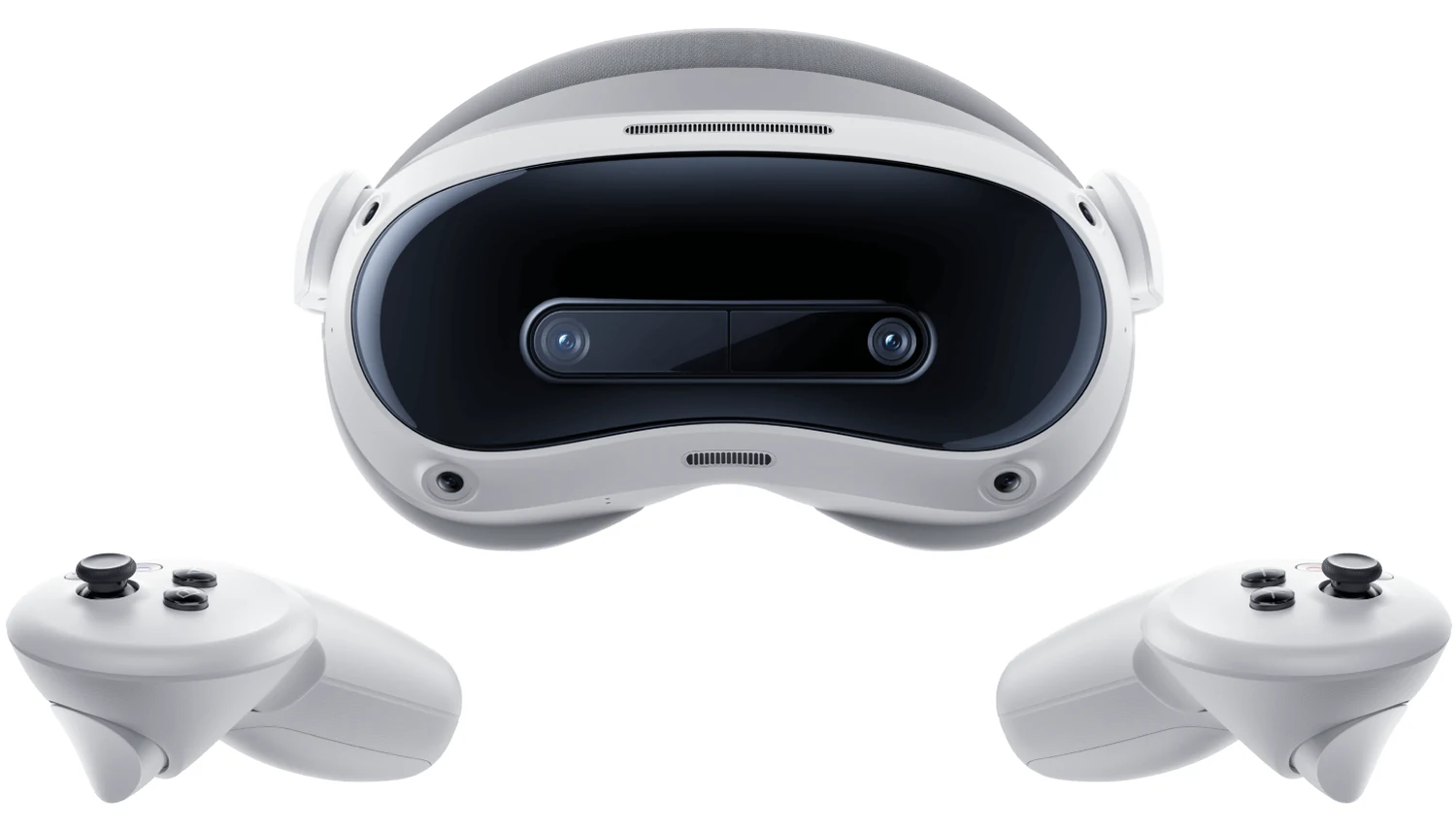 Pico 4 Ultra headset on white with a controller either side of it, the headset showing its two front passthrough cameras and a grey fabric head strap