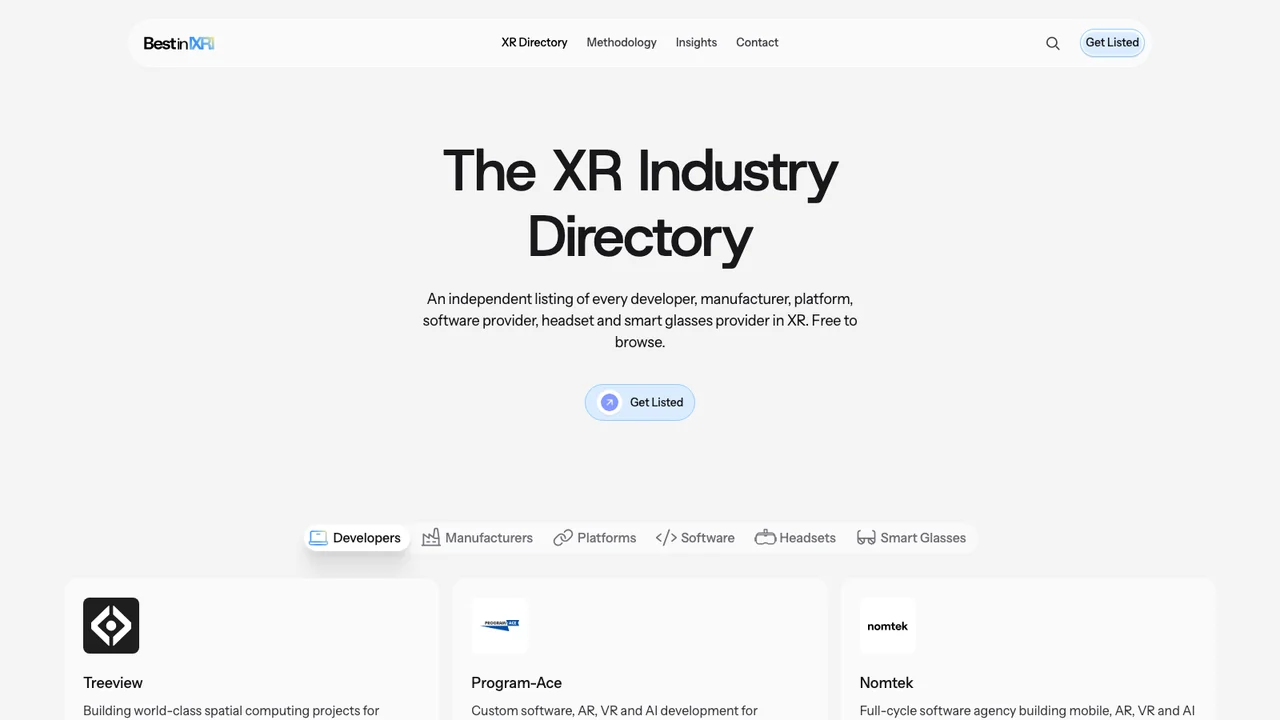 The BestInXR directory page, with tabs for Developers, Manufacturers, Platforms, Software, Headsets and Smart Glasses above listing cards for Treeview, Program-Ace and Nomtek