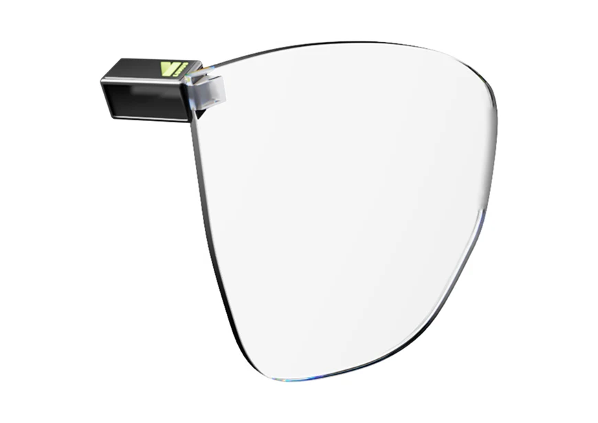 Lumus Z-Lens geometric waveguide rendered on a white background, a clear rimless eyeglass-shaped lens with a small black projector module attached at its upper left corner