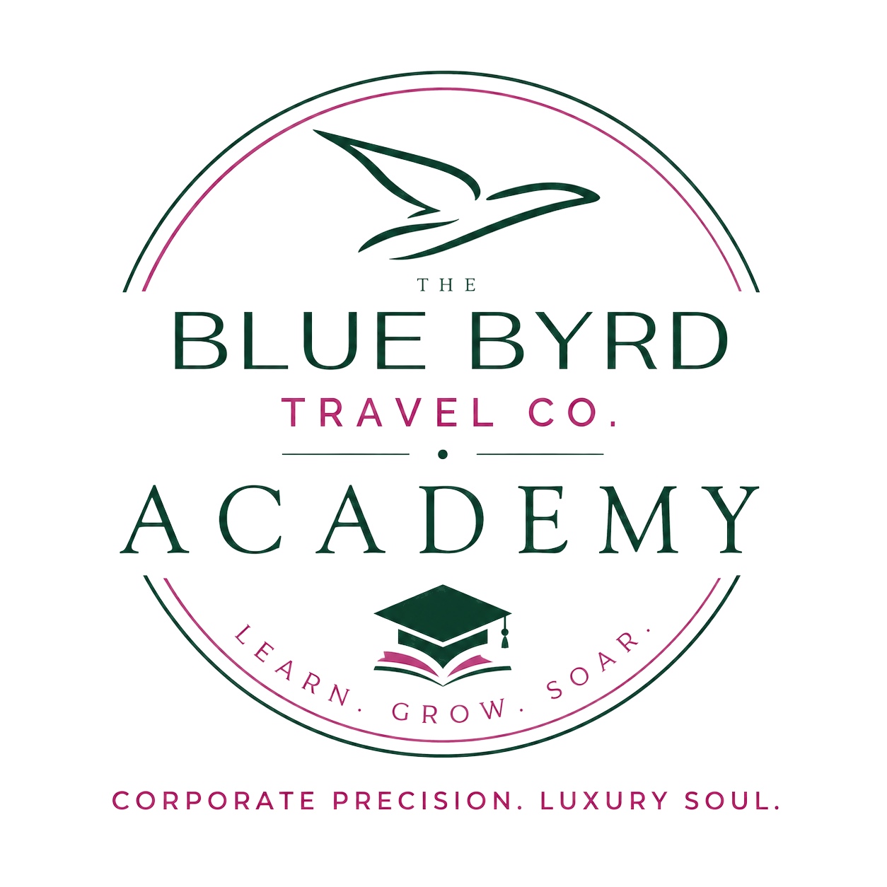 Blue Byrd Travel Co. Academy logo, Learn Grow Soar