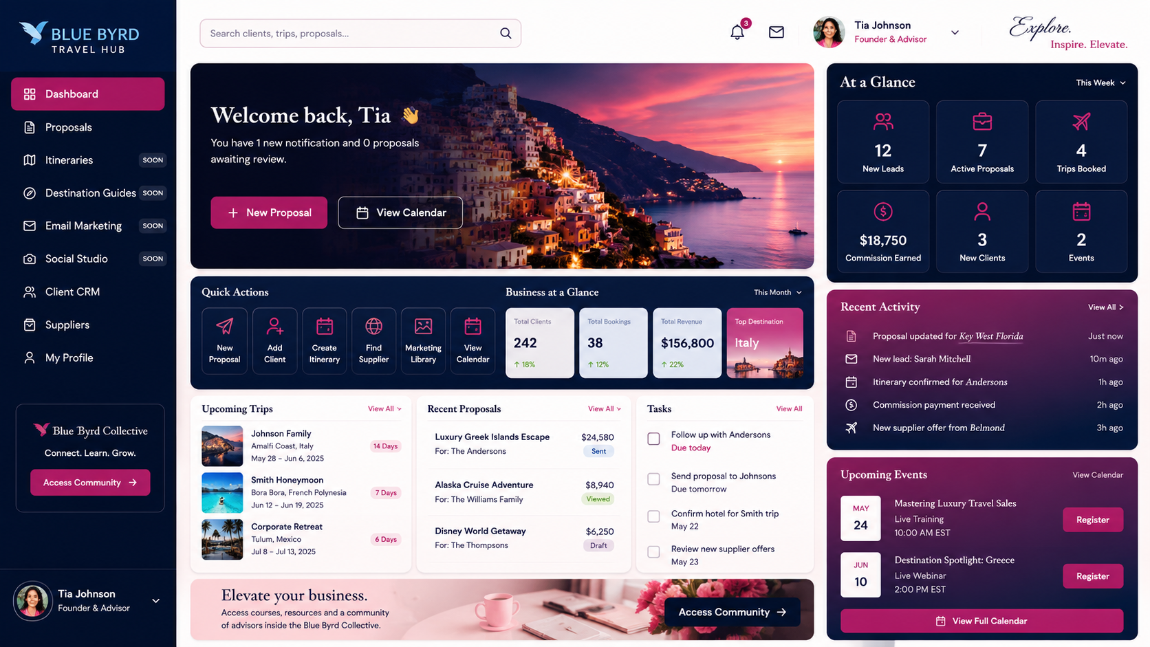 Blue Byrd Travel Hub advisor dashboard preview