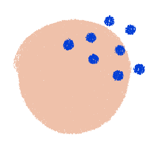 Beige circle with several small blue dots clustered near the upper right edge.