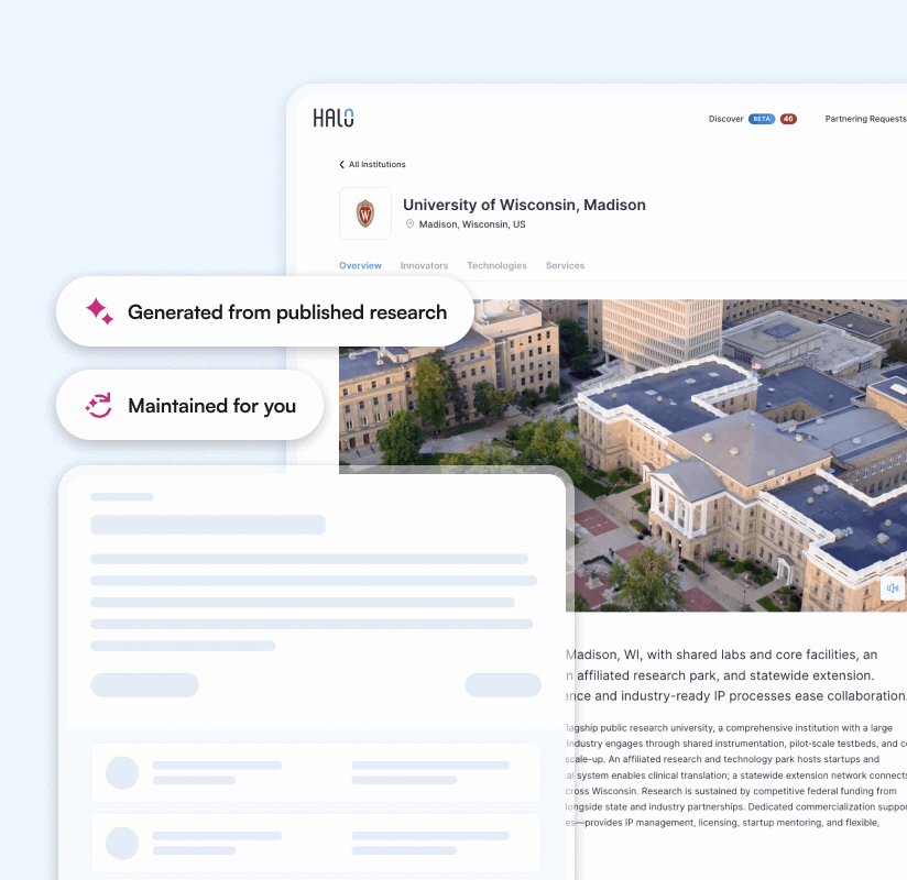 Homepage of Halo network showcasing global R&D collaboration with featured researcher profiles and search bar.