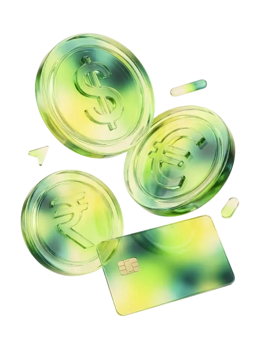 Green translucent coins with dollar, euro, and rupee symbols and a matching credit card.