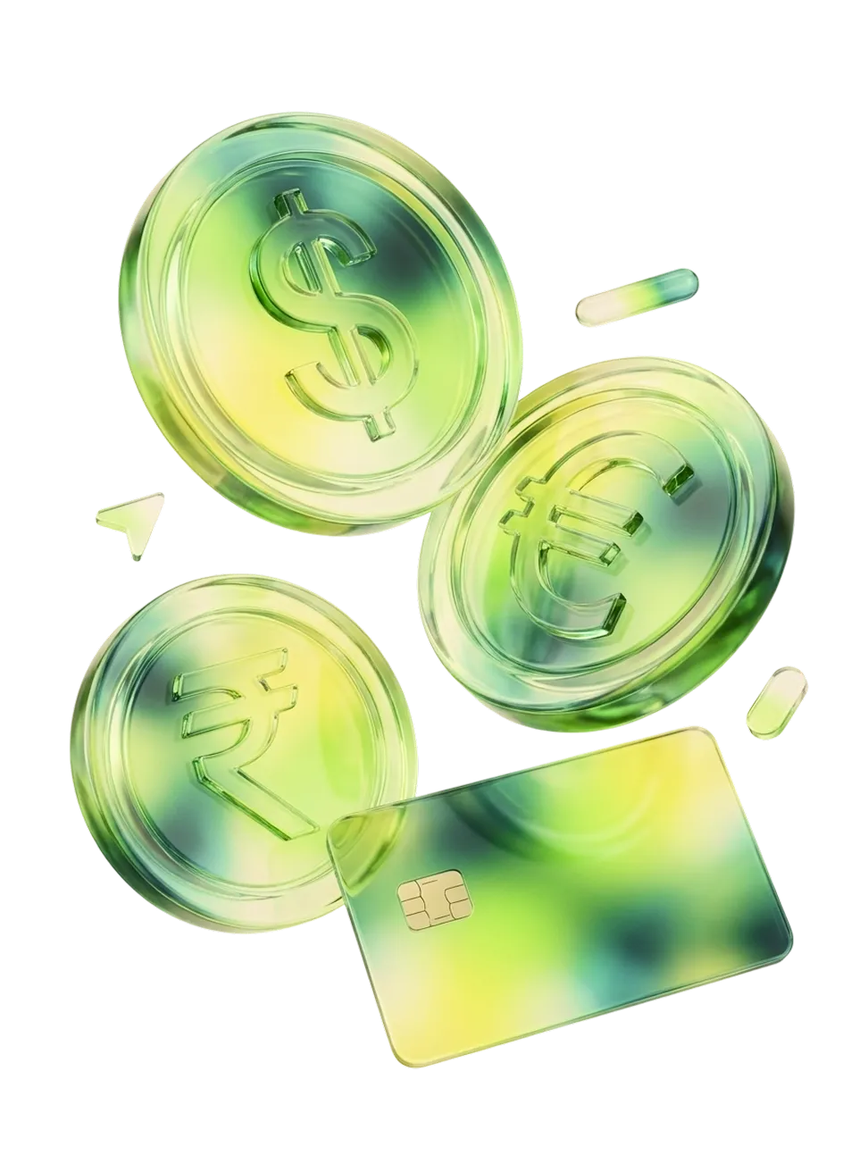 Green translucent coins with dollar, euro, and rupee symbols and a matching credit card.