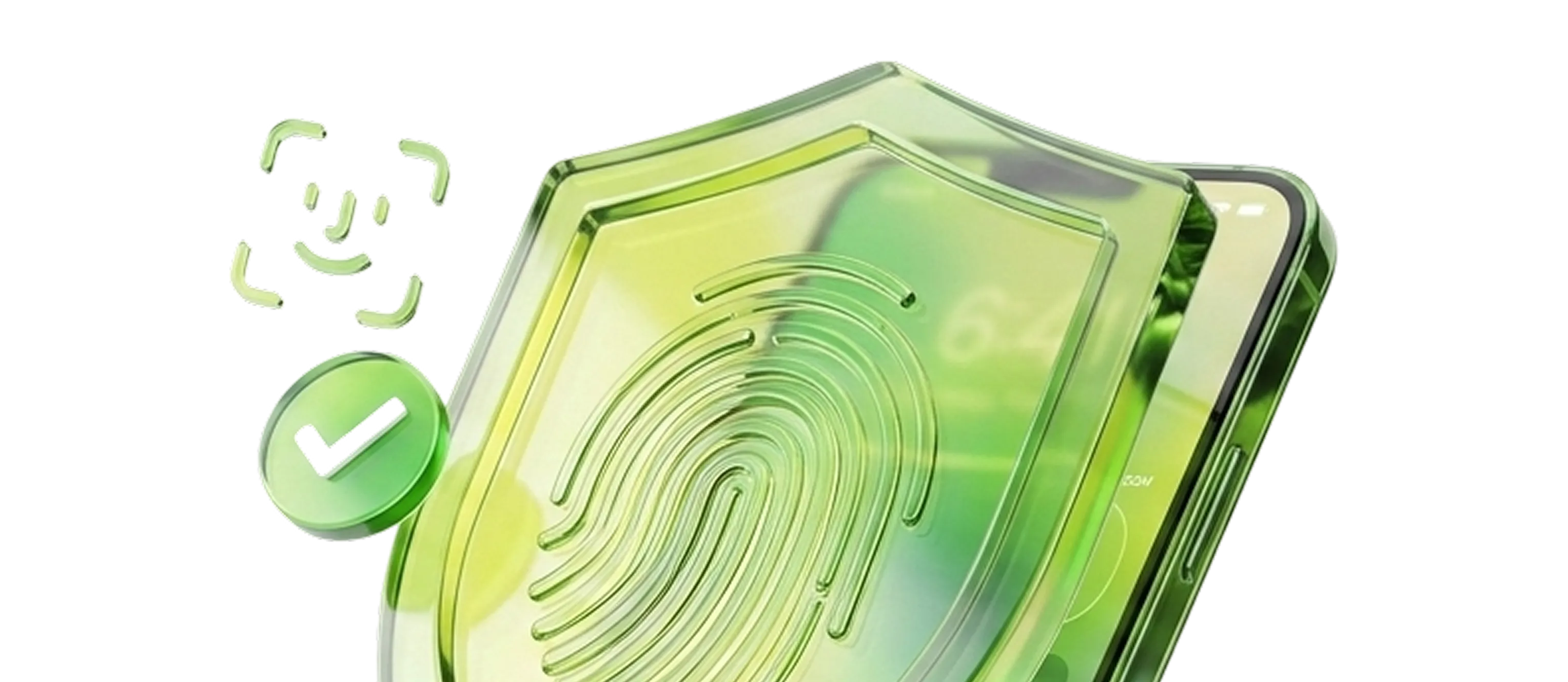 Green shield with fingerprint and face scan icons representing biometric security on a device.