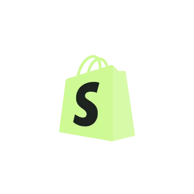 Light green shopping bag with a large black letter S on the front, representing Shopify.