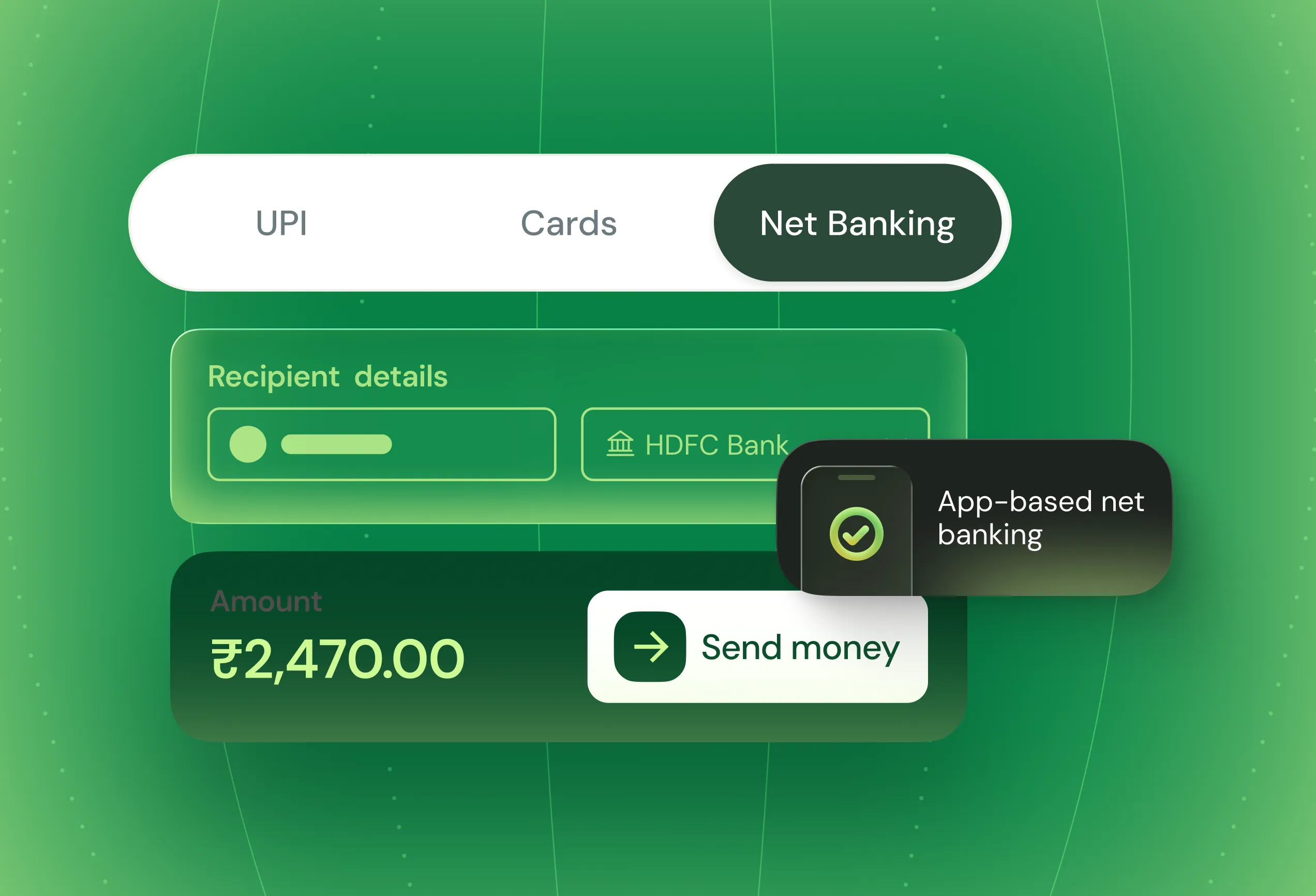 Net banking interface showing recipient details for HDFC Bank and an amount of ₹2,470 with send button.