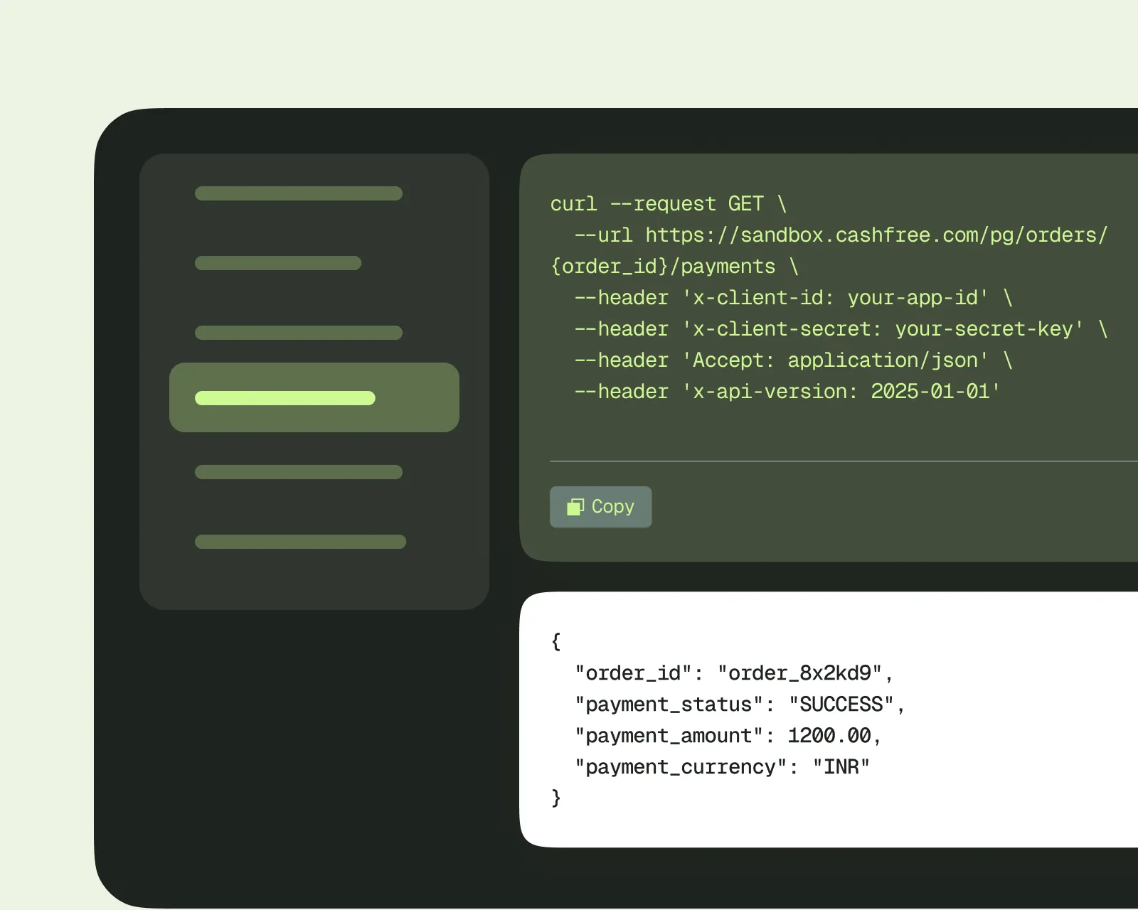 Code snippet showing a GET request curl command and JSON response with payment status SUCCESS and amount 1200 INR.