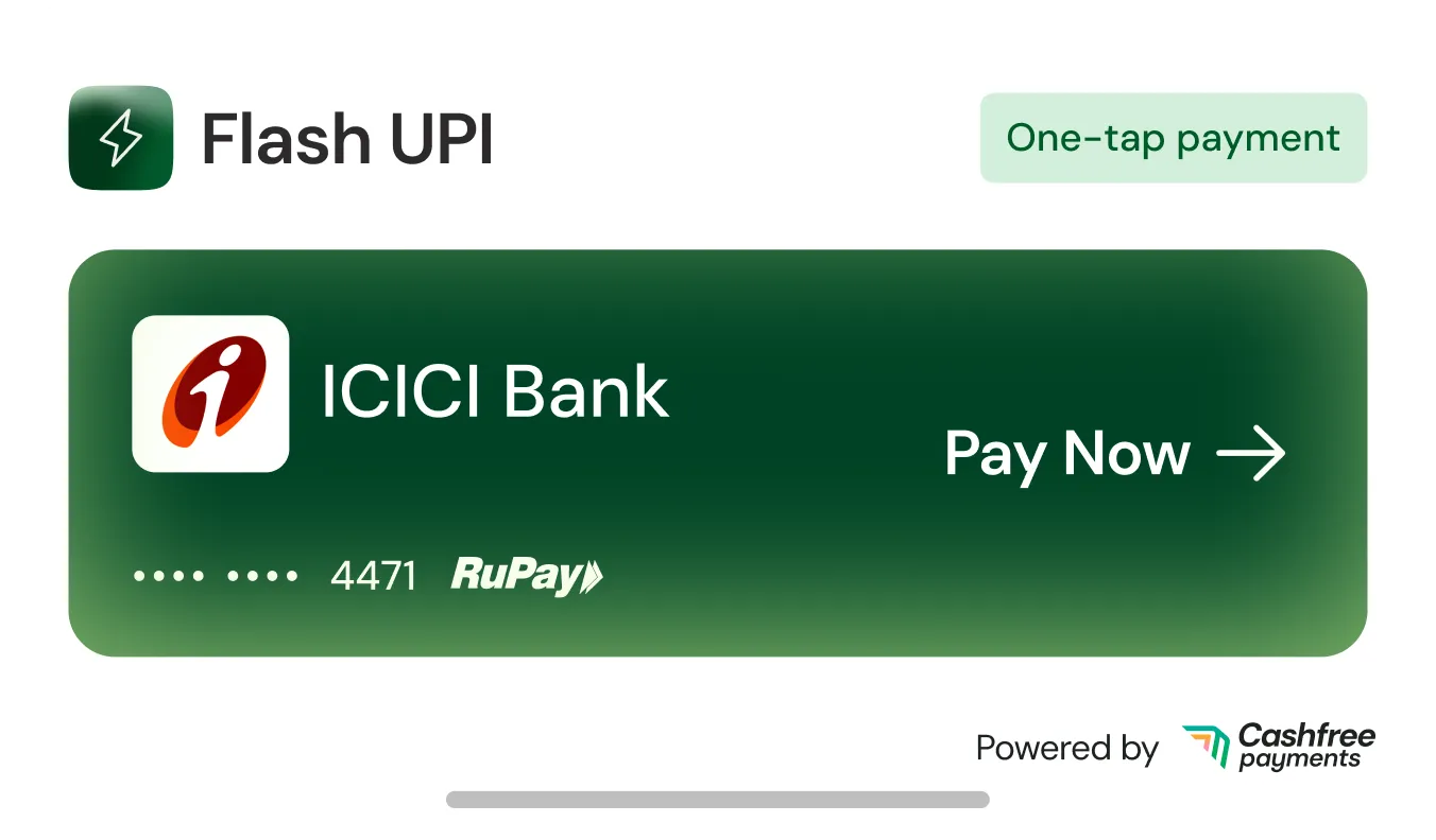 Flash UPI app interface showing ICICI Bank RuPay card and Pay Now button for one-tap payment.