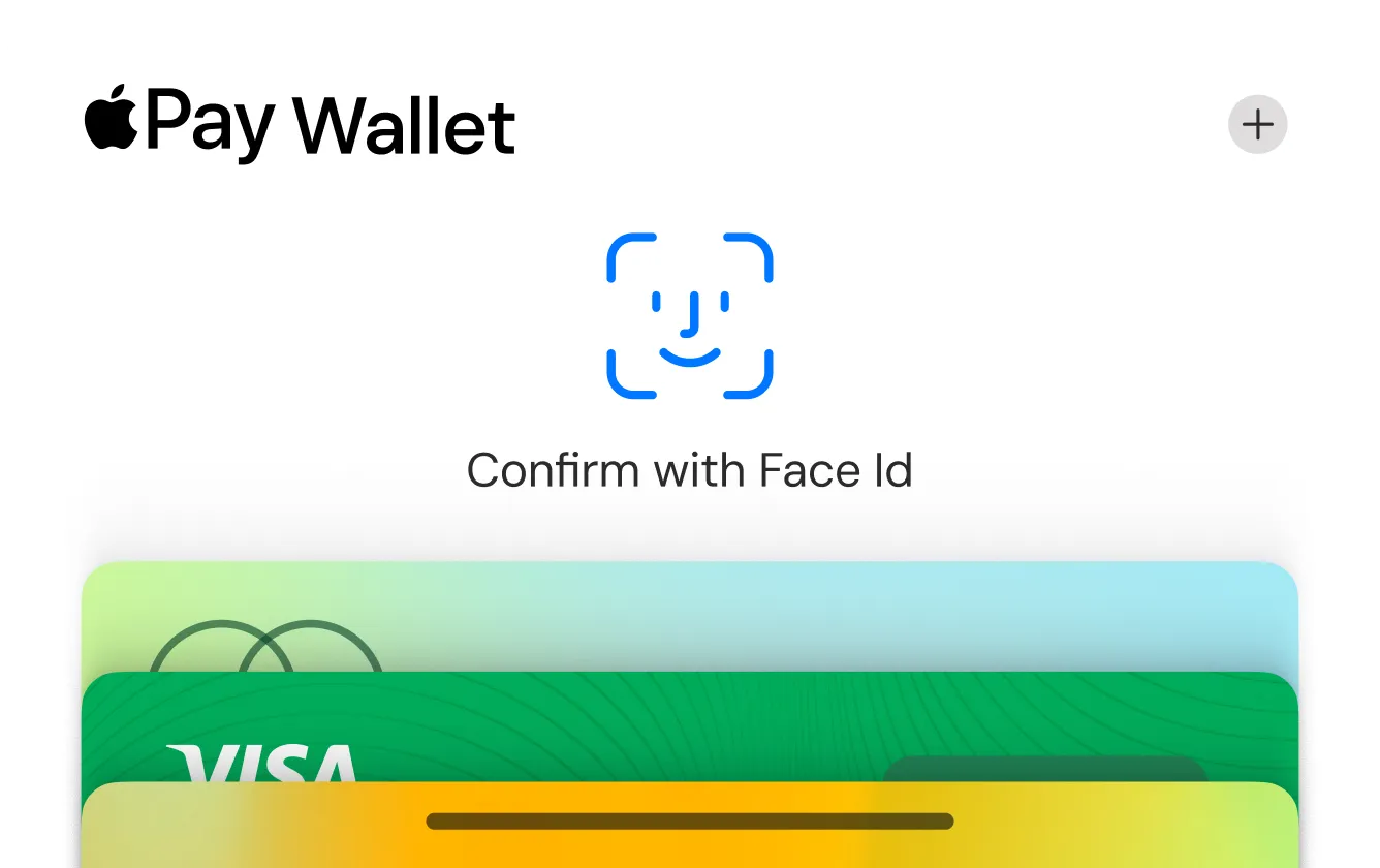 Apple Pay Wallet screen showing Face ID confirmation above stacked Visa and other cards.