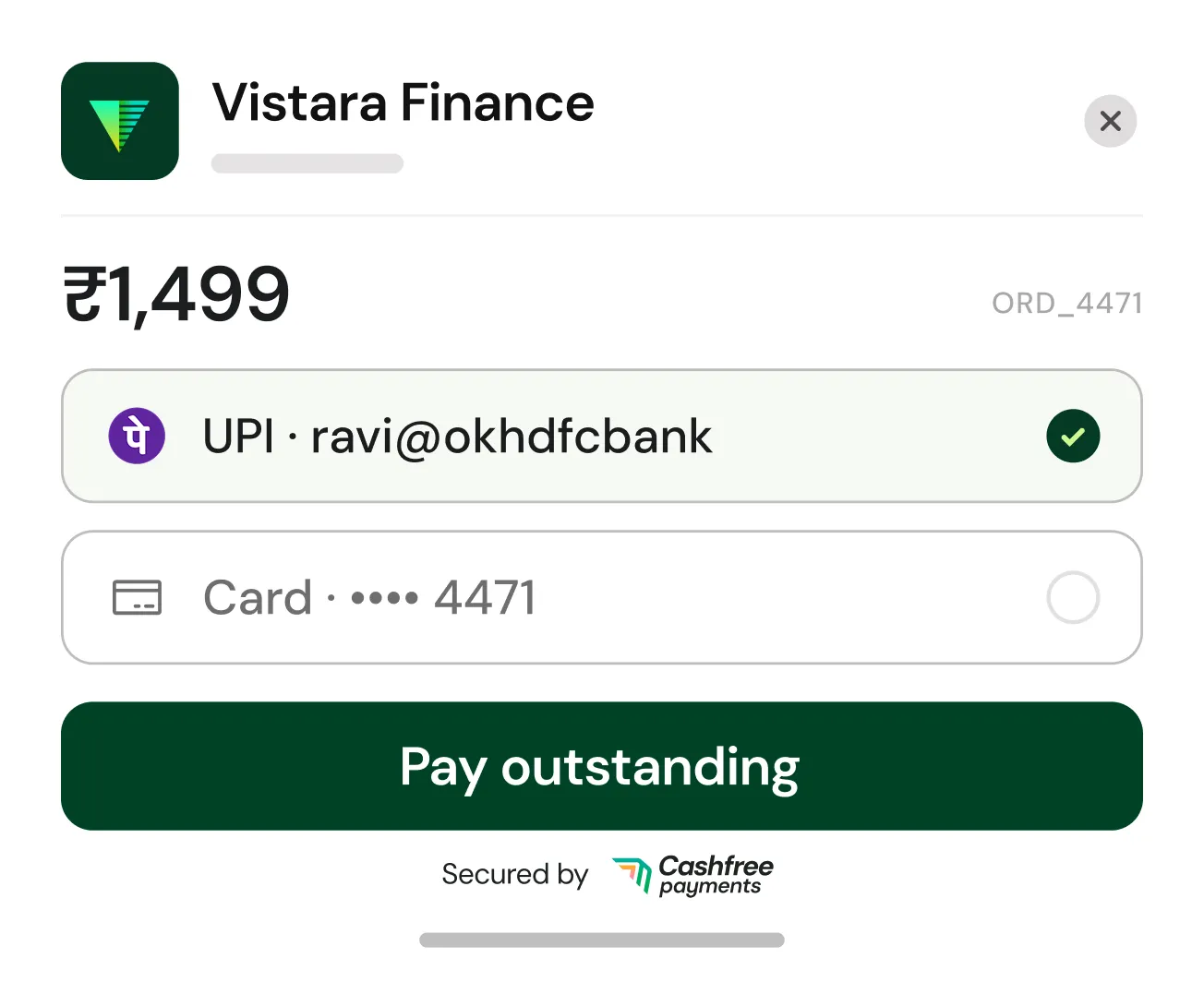 Vistara Finance payment screen showing ₹1,499 with UPI and card payment options.