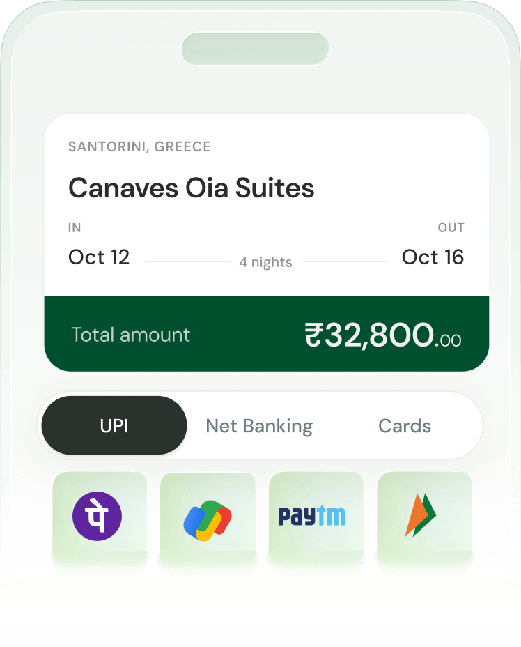 Mobile screen showing booking details for Canaves Oia Suites, Santorini, ₹32,800 for 4 nights, UPI payment options.