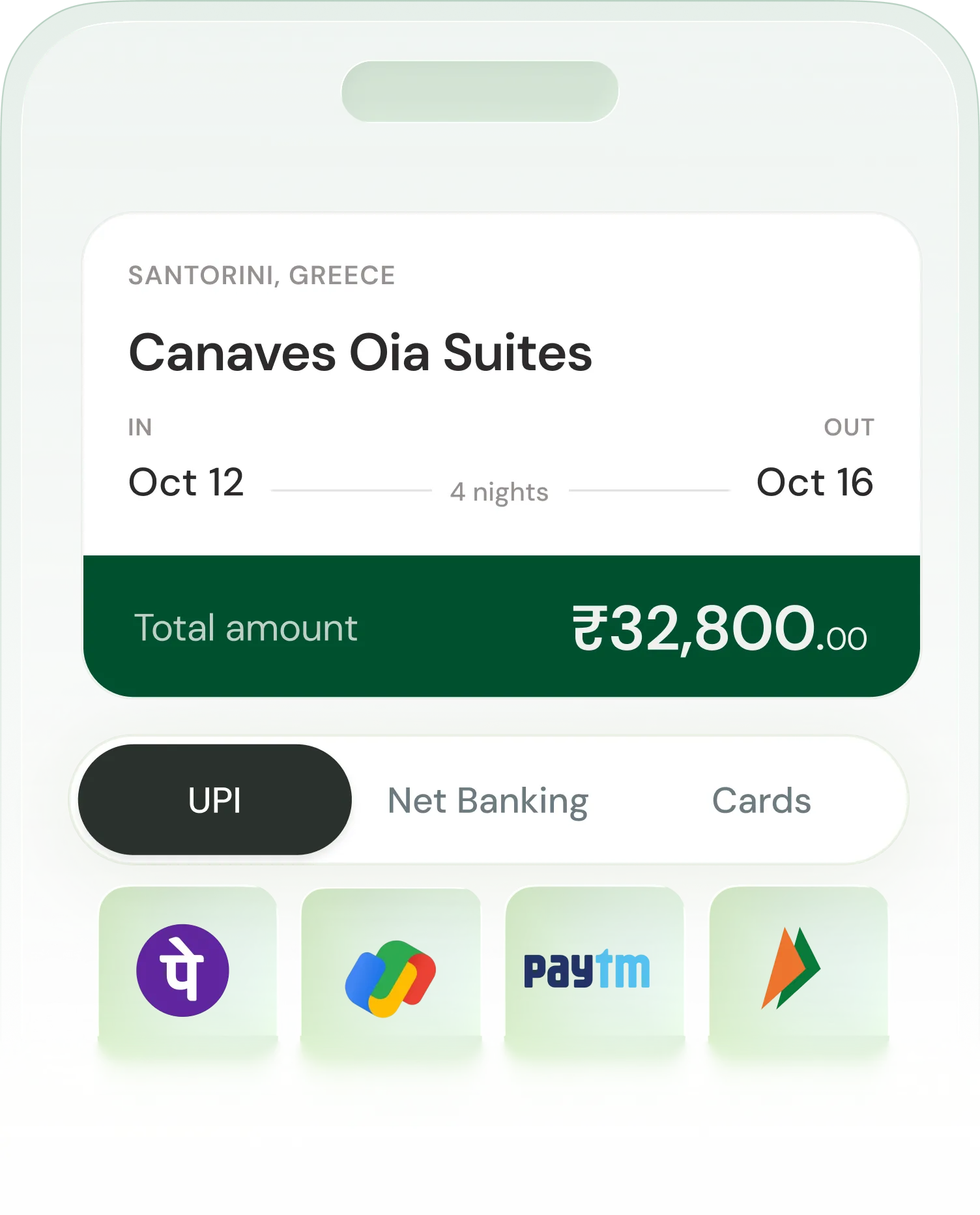 Mobile screen showing booking details for Canaves Oia Suites, Santorini, ₹32,800 for 4 nights, UPI payment options.