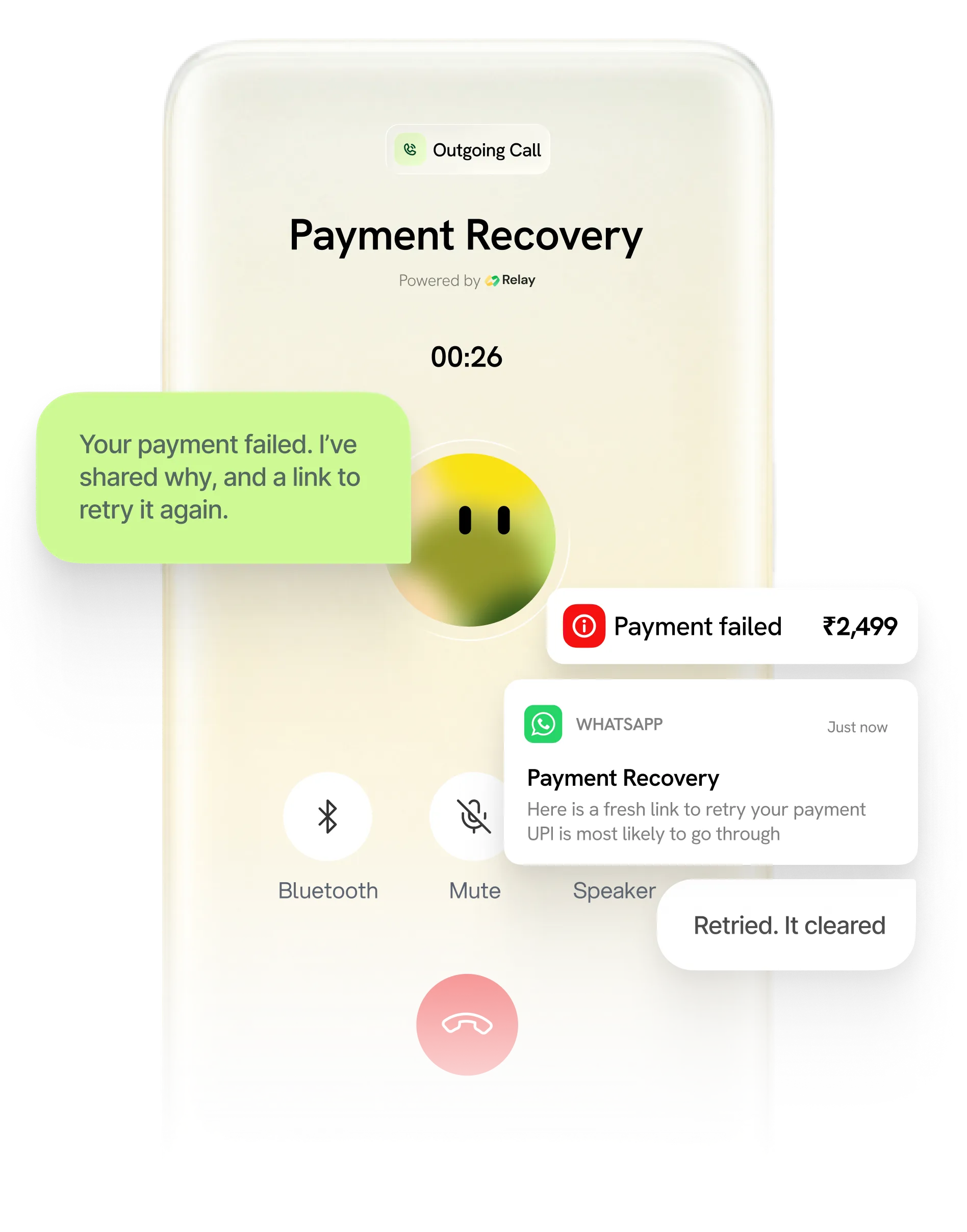 Phone screen on outgoing call for Payment Recovery showing failed payment and retry messages.
