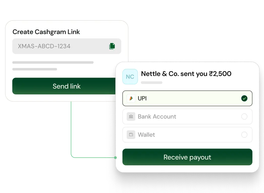 Create Cashgram link interface and payout screen showing UPI selected to receive ₹2,500 from Nettle & Co.