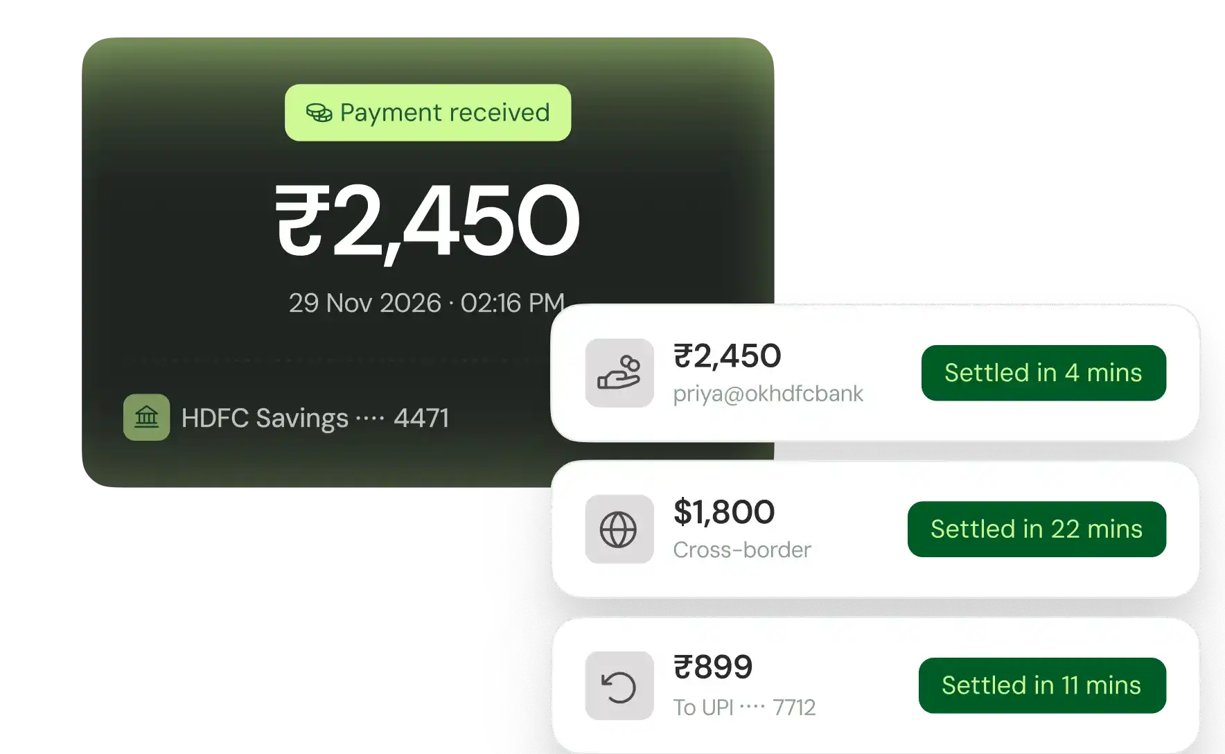 Payment of ₹2,450 received on 29 Nov 2026, with recent settlements showing ₹2,450, $1,800, and ₹899 times.