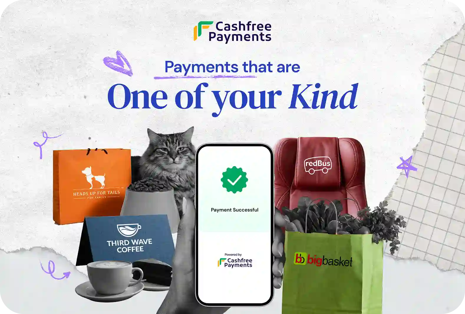 Advertisement showing a hand holding a smartphone with a 'Payment Successful' message powered by Cashfree Payments, surrounded by icons of shopping bags for Heads Up For Tails, a cat with pet food, a Third Wave Coffee cup, a redBus seat, and a BigBasket grocery bag filled with vegetables, under the slogan 'Payments that are One of your Kind.'
