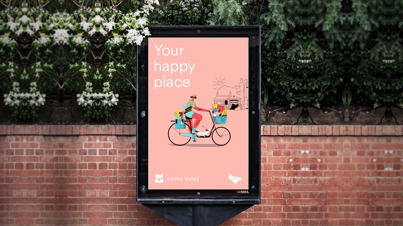 Lendlease Kinma Valley "Your happy place" campaign poster on a suburban street billboard
