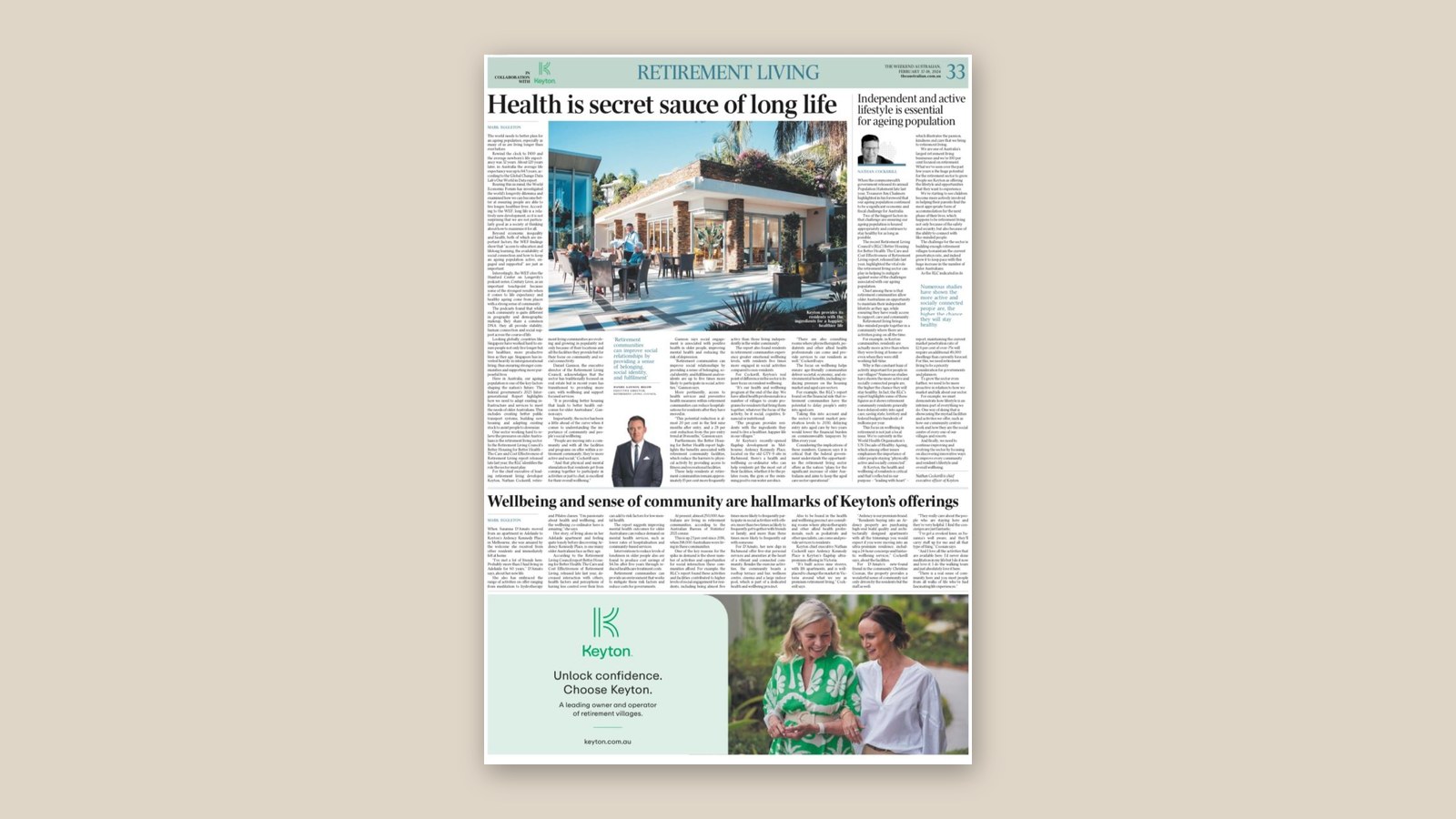 Keyton retirement living feature across a full page of The Weekend Australian