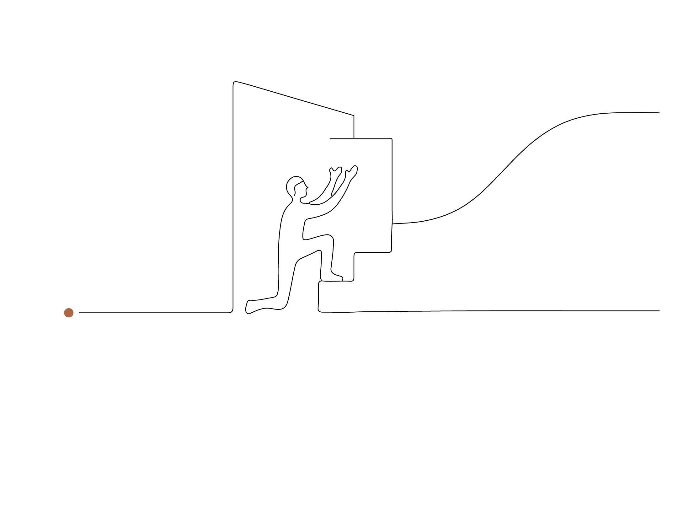 A figure stepping up through a doorway with the line rising over a hill beyond, drawn in one continuous line