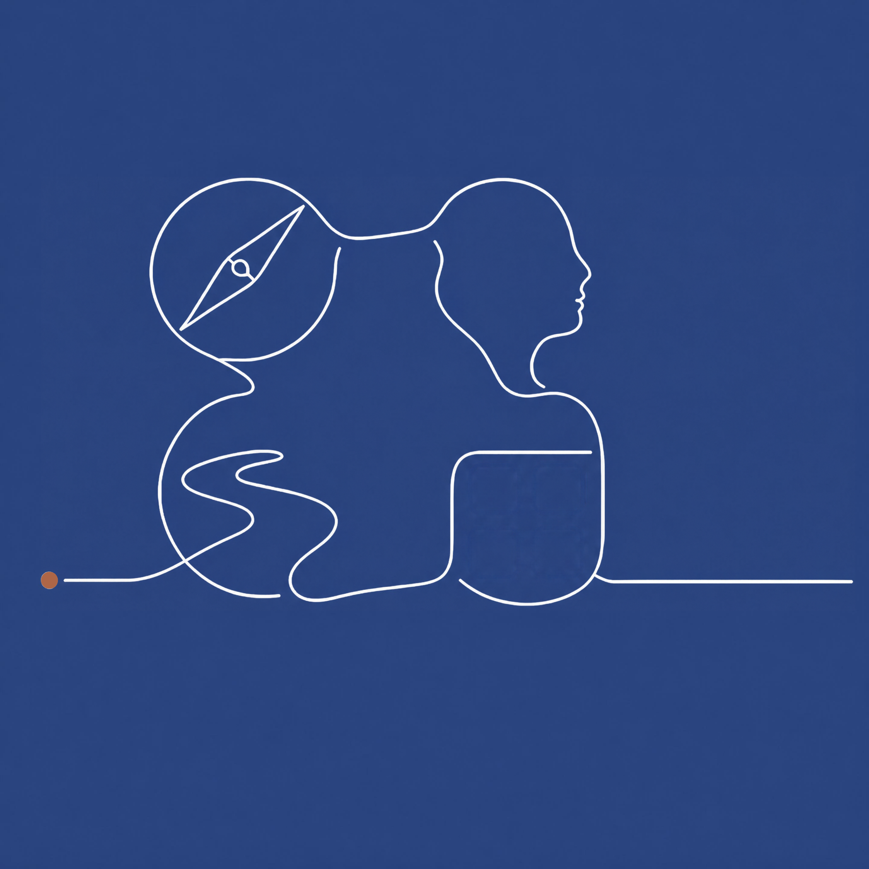 A compass, a winding path, a figure and a panel of windows, drawn in one continuous line