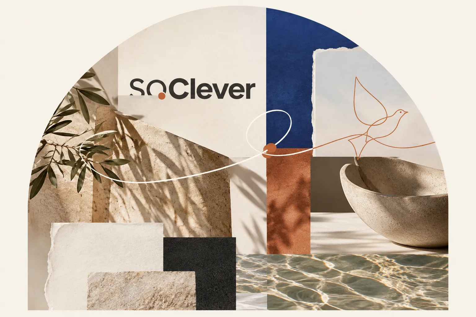 So Clever brand textures by Anura Design: the logo, a line-drawn bird, deep cobalt and persimmon paper, stone and rippled water