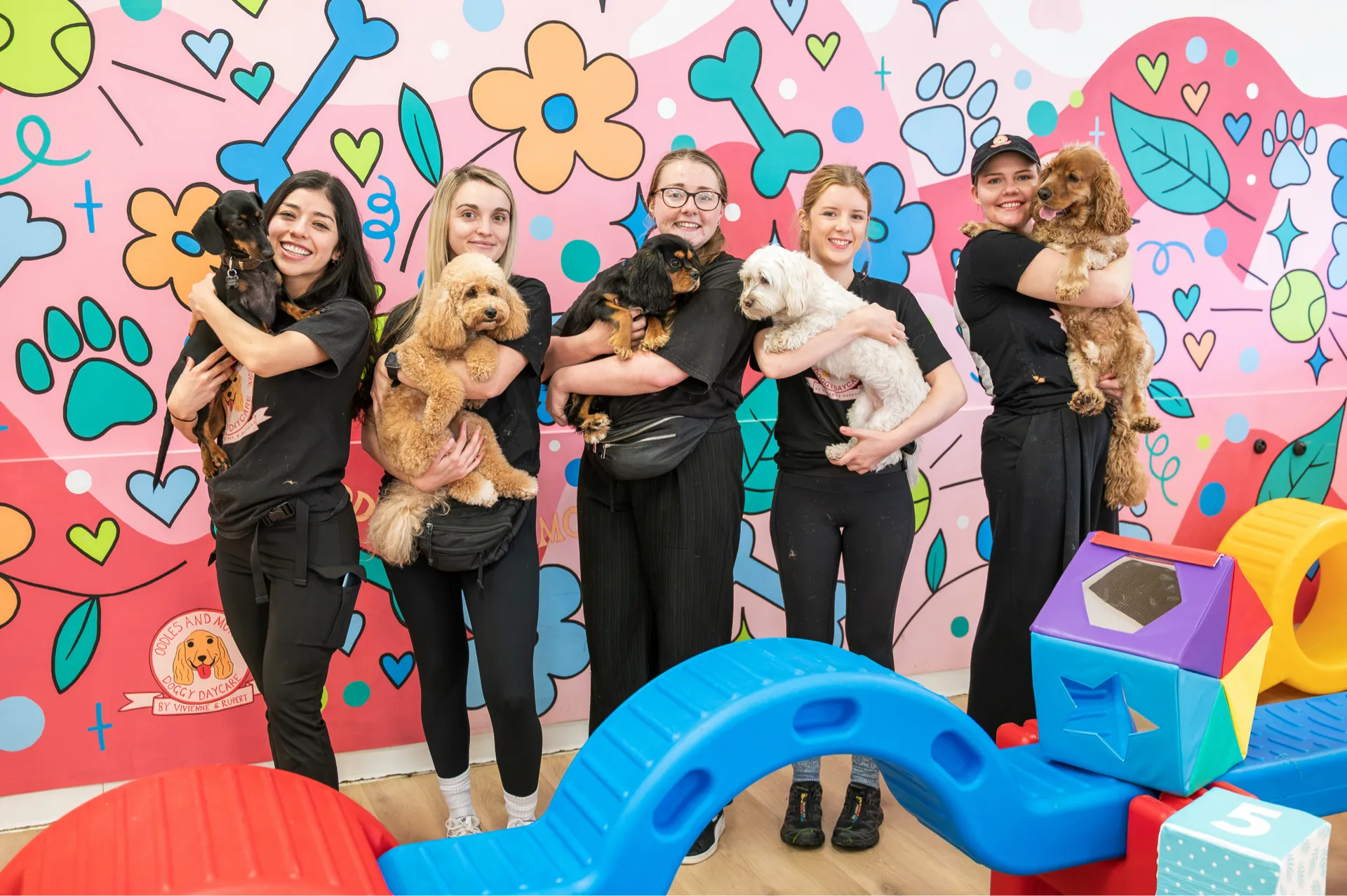 Five women holding small dogs in front of a colorful wall with dog-themed murals in a daycare.