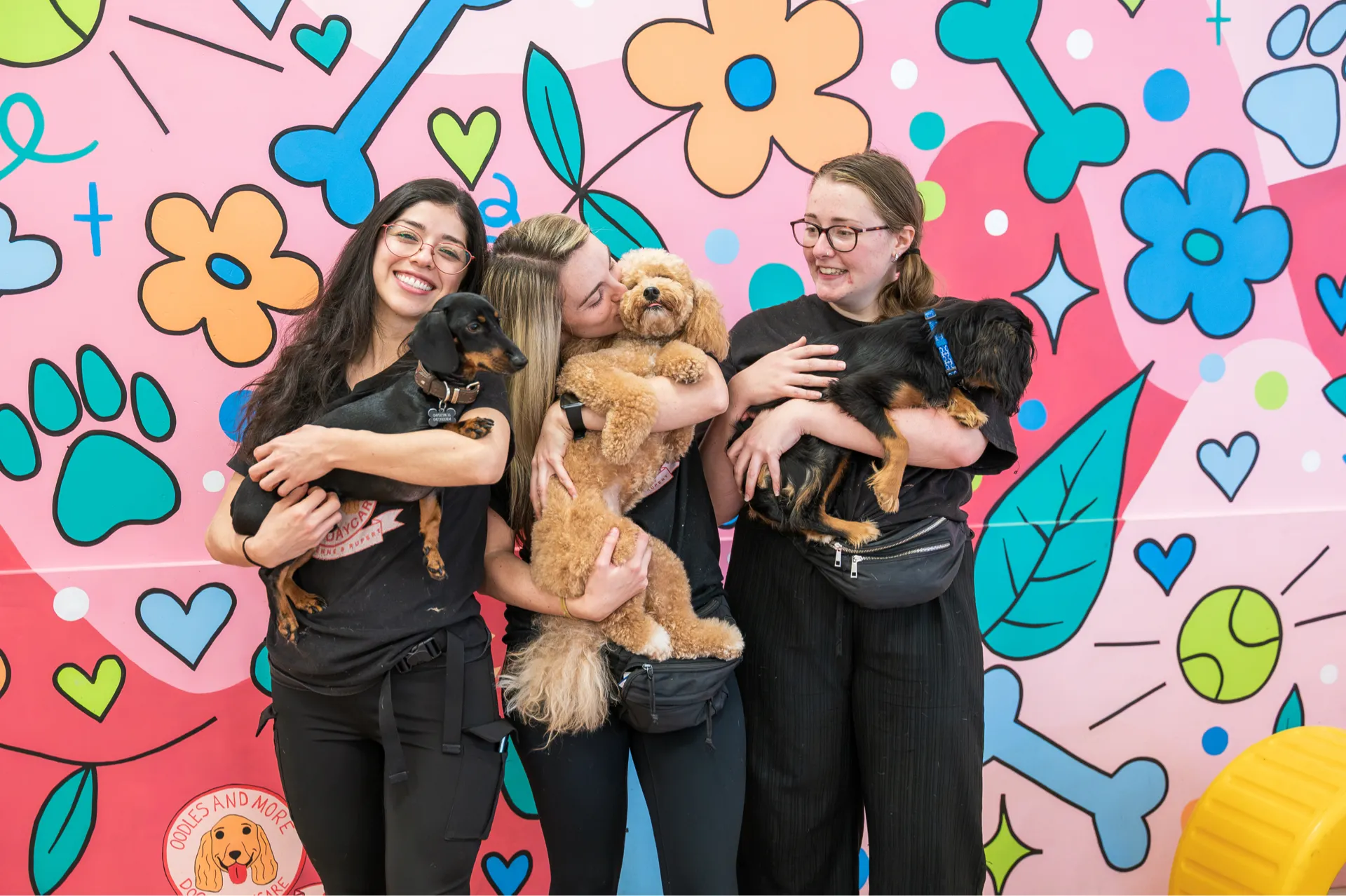 Three women smiling and holding three small dogs in front of a colorful wall with dog-themed art.
