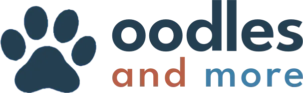 Logo with a blue dog paw print and text reading 'oodles and more'.