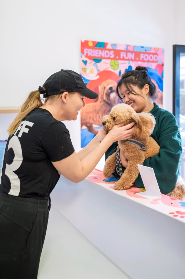 Two women smiling at a fluffy brown dog on a counter under a colorful Friends Fun Food sign.