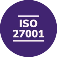 Purple circle with white text reading ISO 27001 between two horizontal lines.