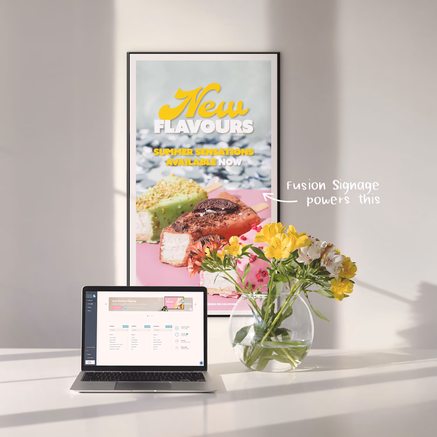 Laptop on white table next to vase of flowers, with wall poster showing new ice cream flavors.